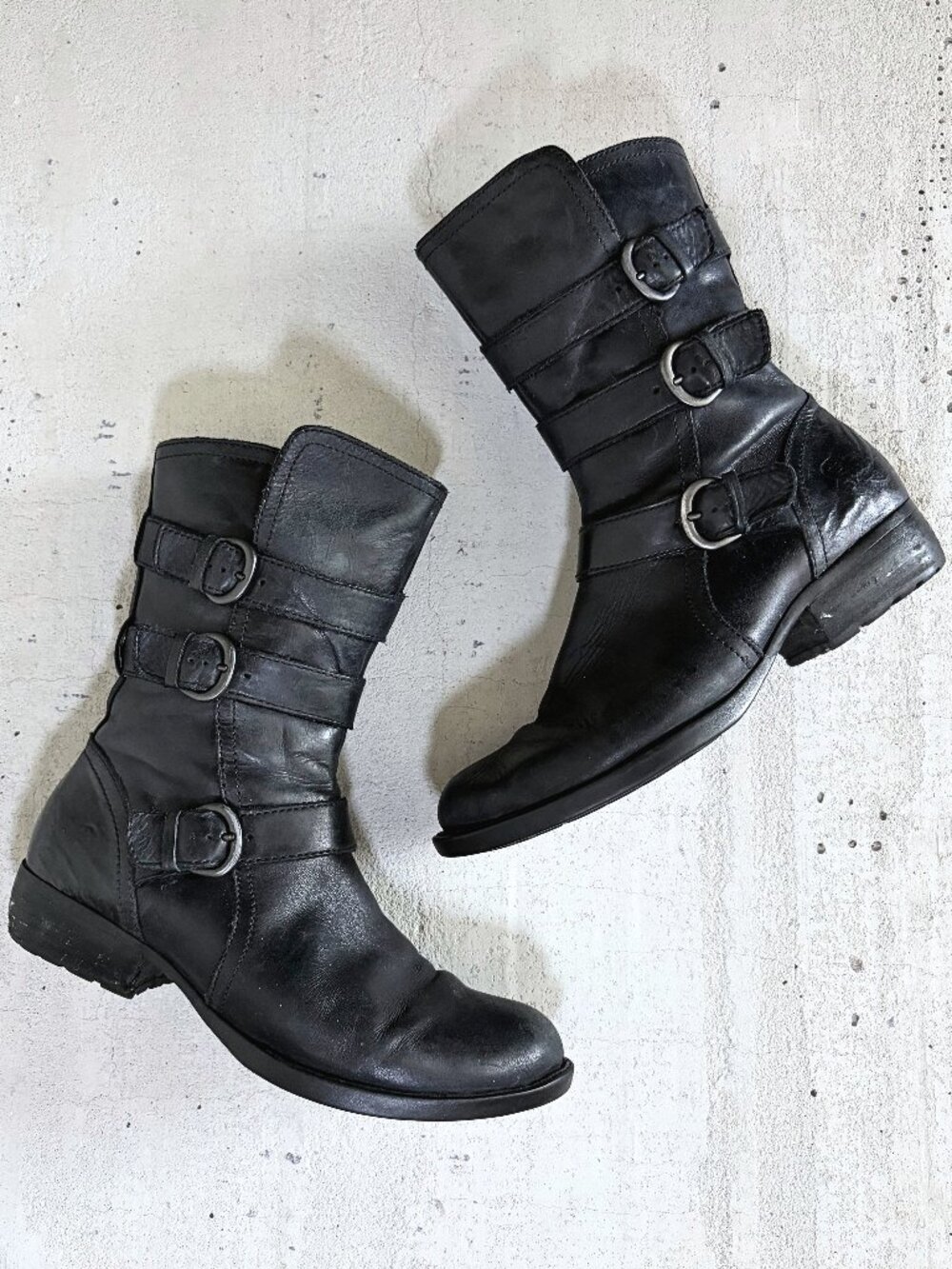 Børn Black Leather Triple Buckle Moto Biker Boots Women's 7